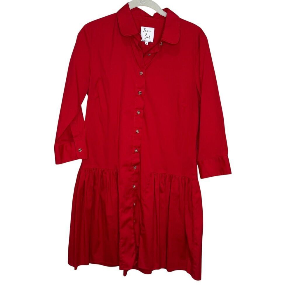 The Shirt Rochelle Behrens Dress Womens Medium Red Button Front Ruffle Hem